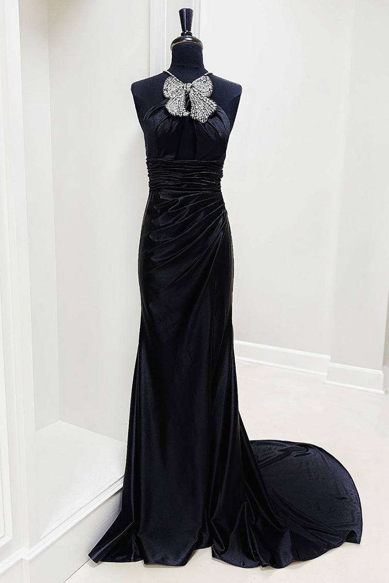 Load image into Gallery viewer, Sparkly Black Beaded Halter Mermaid Long Prom Dress with Keyhole