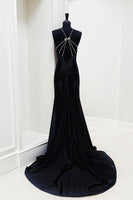 Load image into Gallery viewer, Sparkly Black Beaded Halter Mermaid Long Prom Dress with Keyhole