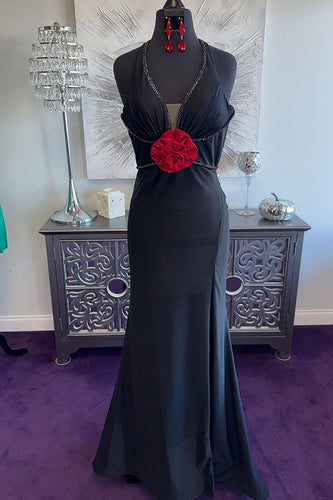 Sparkly Black Halter Mermaid Long Prom Dress with 3D Flower