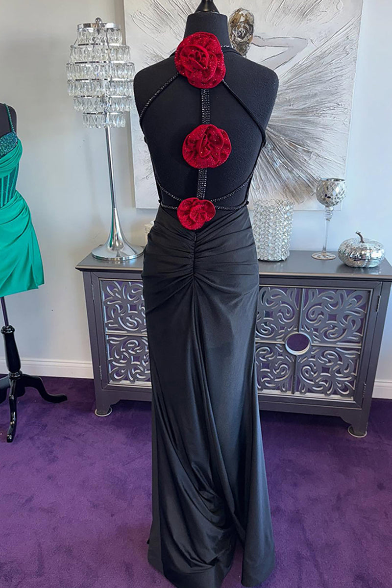 Load image into Gallery viewer, Sparkly Black Halter Mermaid Long Prom Dress with 3D Flower