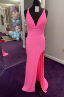 Load image into Gallery viewer, Sparkly Fuchsia Mermaid Backless Long Prom Dress with Slit