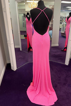 Sparkly Fuchsia Mermaid Backless Long Prom Dress with Slit
