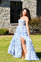Load image into Gallery viewer, White Blue Floral Ruffled Spaghetti Straps Long Corset Prom Dress
