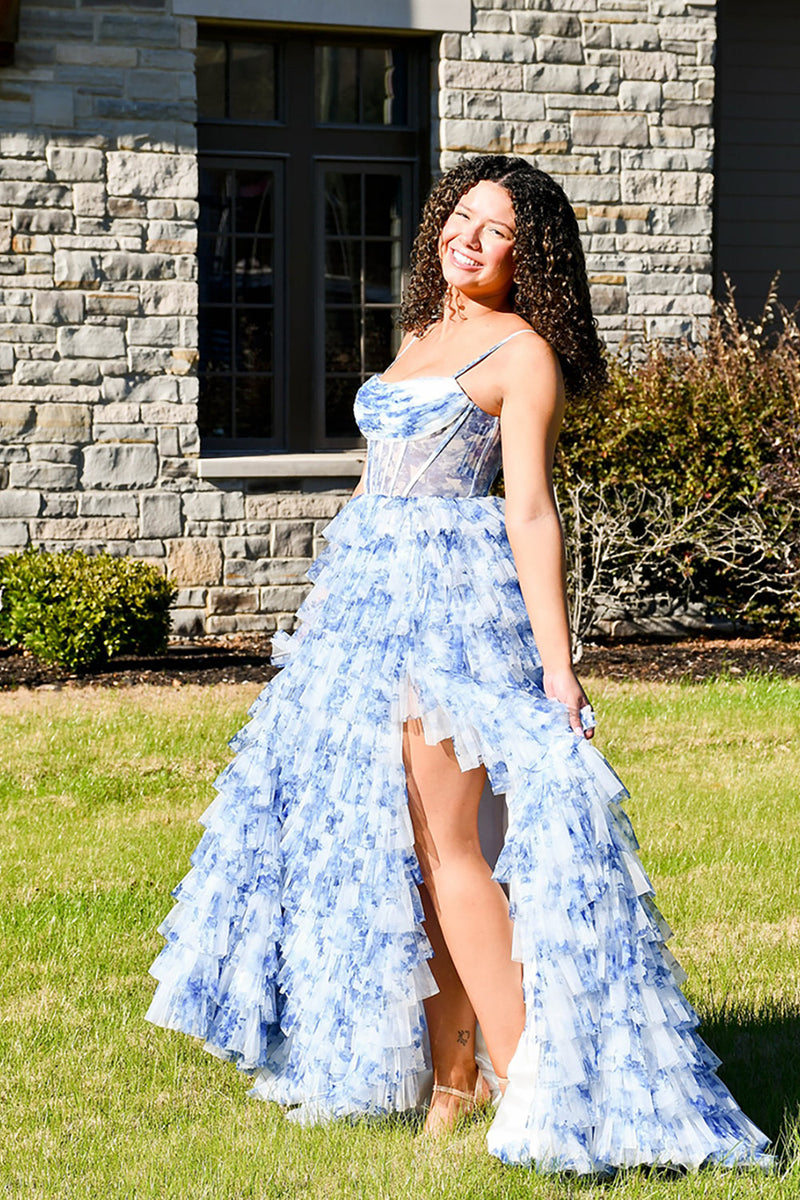 Load image into Gallery viewer, White Blue Floral Ruffled Spaghetti Straps Long Corset Prom Dress
