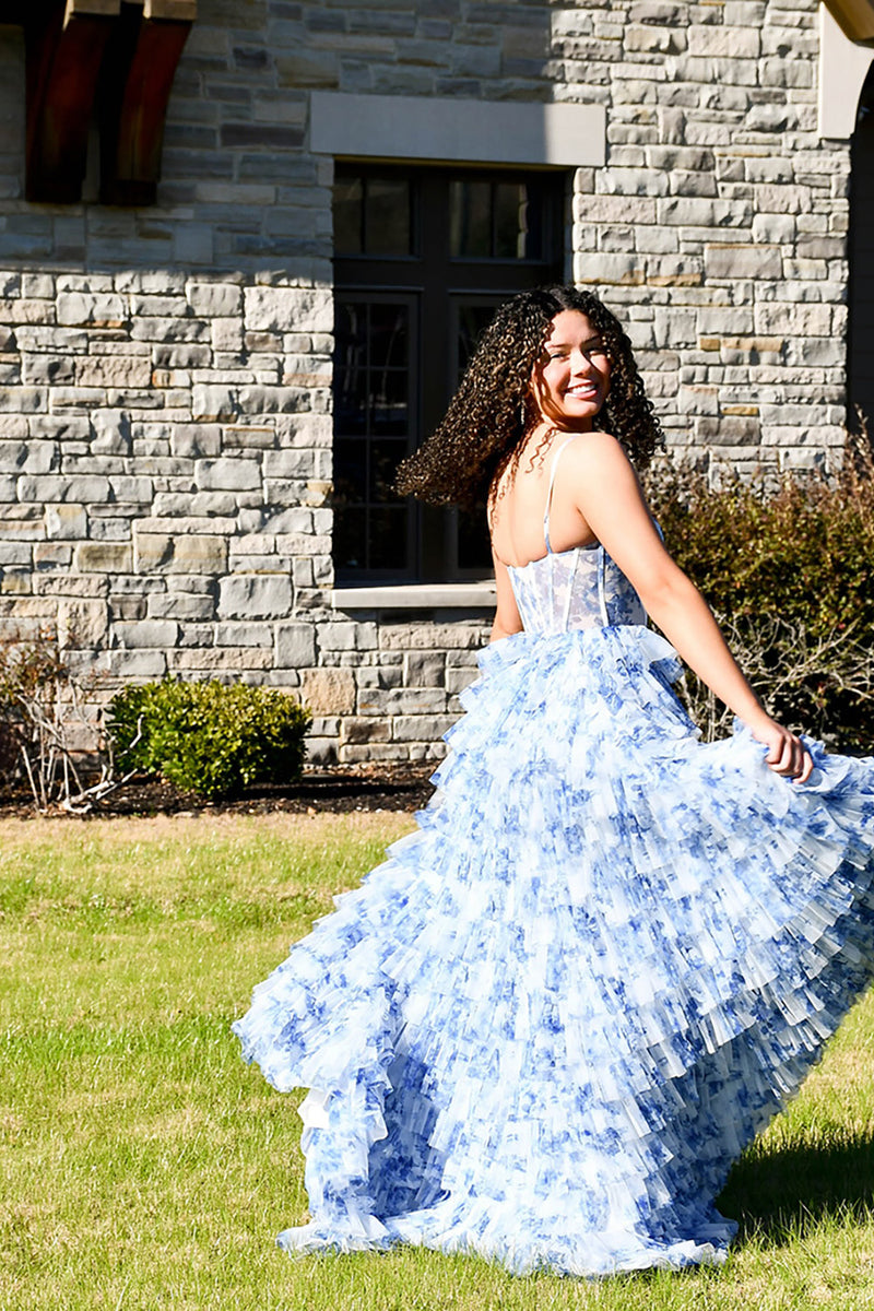 Load image into Gallery viewer, White Blue Floral Ruffled Spaghetti Straps Long Corset Prom Dress