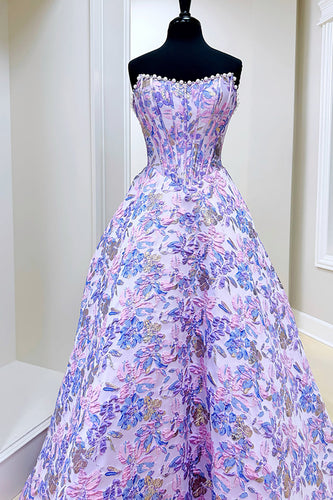 Lilac Floral Strapless Long Corset Prom Dress with Pearls