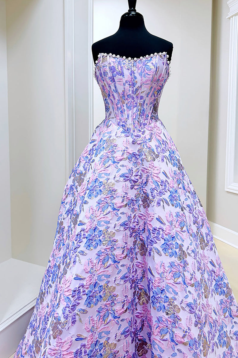 Load image into Gallery viewer, Lilac Floral Strapless Long Corset Prom Dress with Pearls