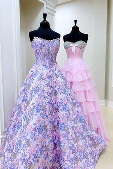 Lilac Floral Strapless Long Corset Prom Dress with Pearls