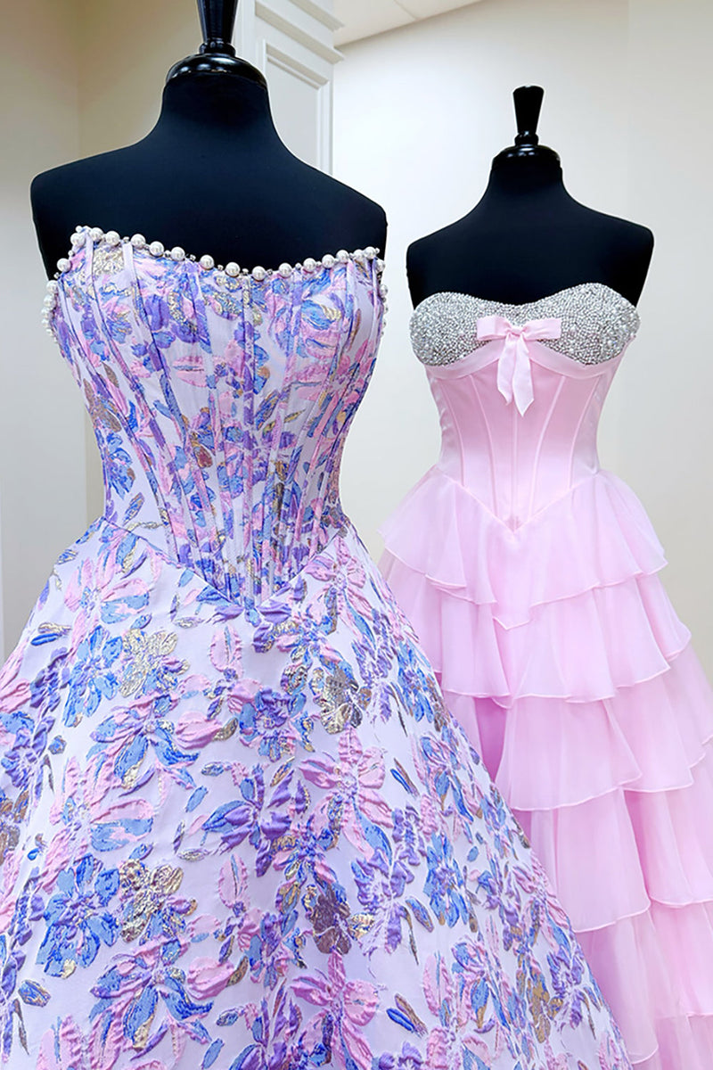 Load image into Gallery viewer, Lilac Floral Strapless Long Corset Prom Dress with Pearls