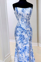 Load image into Gallery viewer, White Blue Floral Mermaid Corset Long Prom Dress with Slit