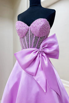 Sparkly Purple Satin Sweetheart Corset Long Prom Dress with Bow
