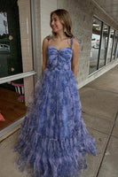 Load image into Gallery viewer, Grey Blue Tulle Spaghetti Straps Corset Long Prom Dress with Ruffles