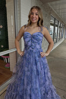 Load image into Gallery viewer, Grey Blue Tulle Spaghetti Straps Corset Long Prom Dress with Ruffles