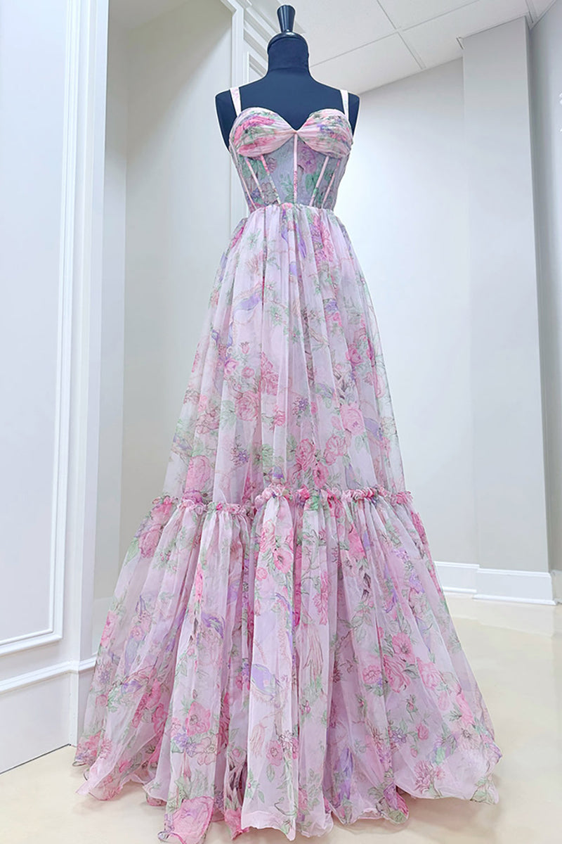 Load image into Gallery viewer, Grey Blue Tulle Spaghetti Straps Corset Long Prom Dress with Ruffles