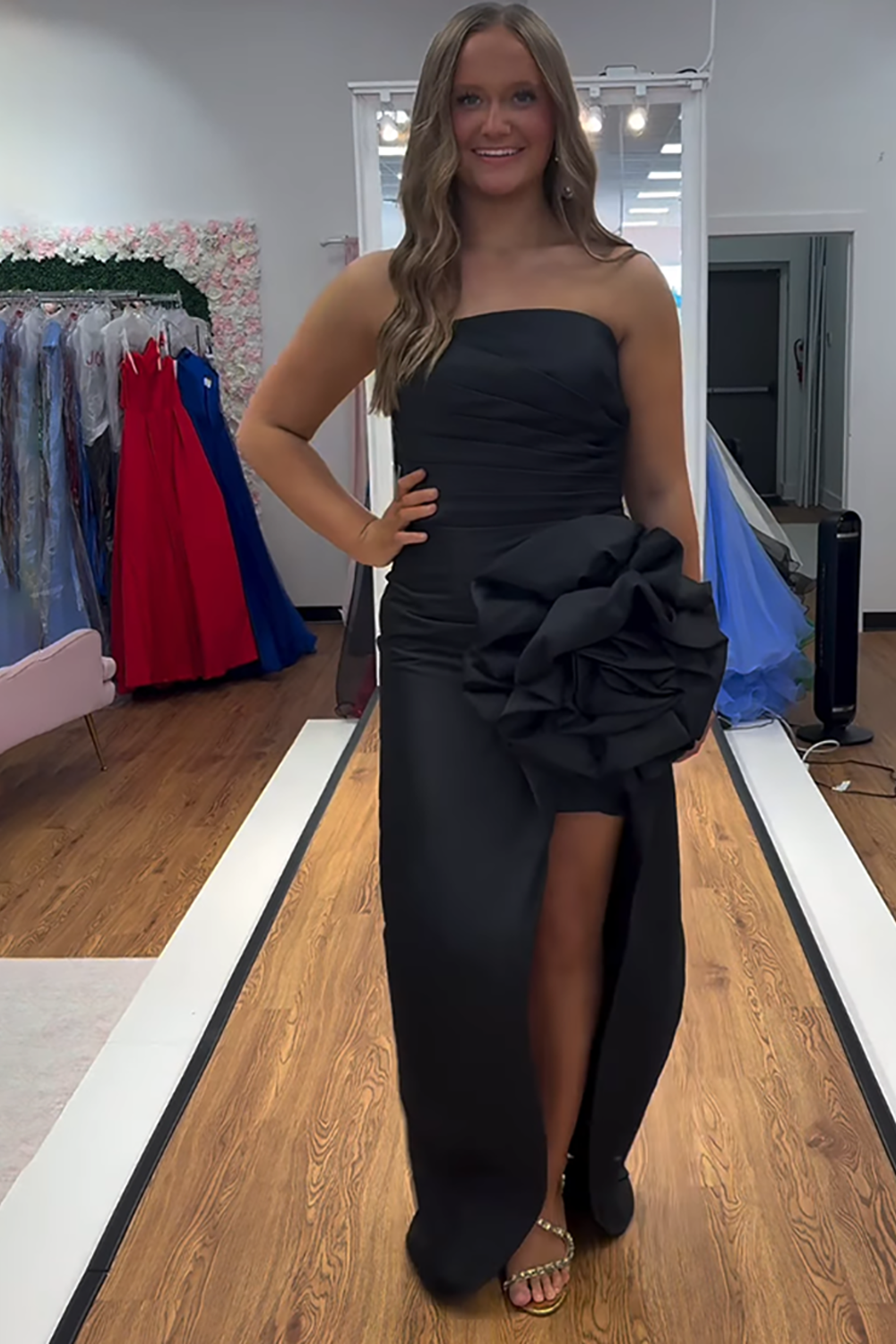 Strapless Black Mermaid Strapless Long Prom Dress with 3D Flower