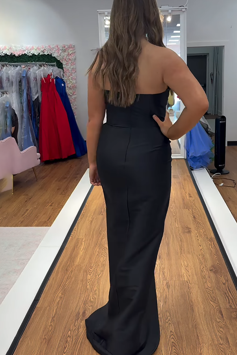 Load image into Gallery viewer, Strapless Black Mermaid Strapless Long Prom Dress with 3D Flower