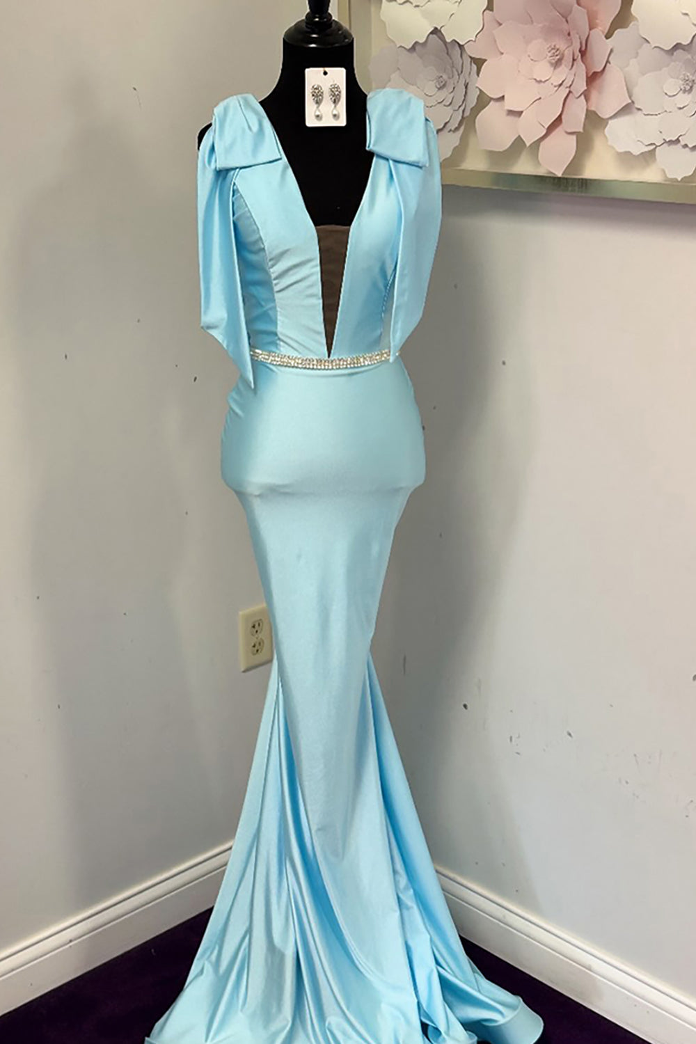 Sparkly Light Blue Satin Beaded Mermaid Long Prom Dress