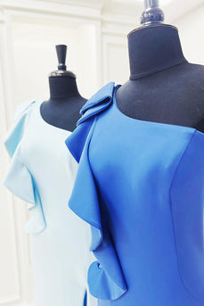 Light Blue Ruffled One Shoulder Mermaid Long Prom Dress with Slit