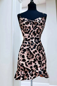 Sparkly Brown Leopard Beaded Ruffled Tight Short Prom Dress