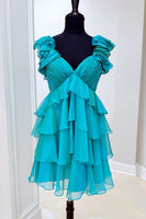 Load image into Gallery viewer, Peacock Green Ruffled Thick Straps Short Prom Dress