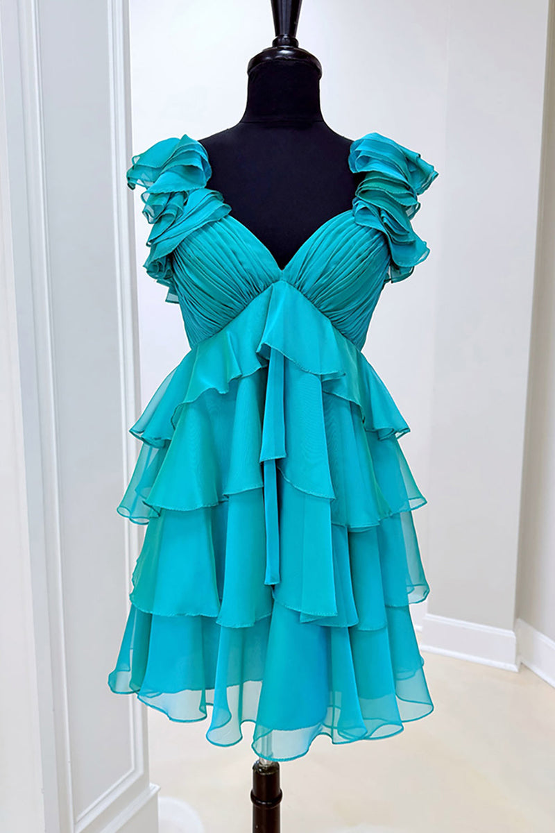 Load image into Gallery viewer, Peacock Green Ruffled Thick Straps Short Prom Dress