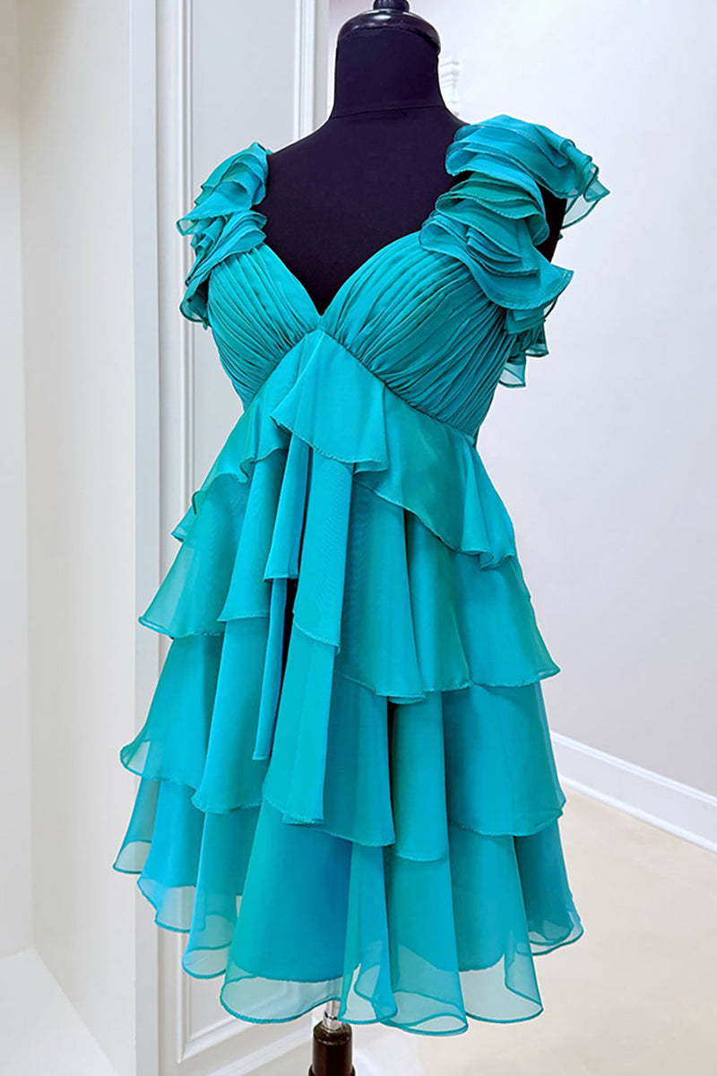Load image into Gallery viewer, Peacock Green Ruffled Thick Straps Short Prom Dress