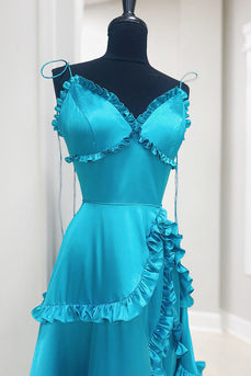 Peacock Blue Spaghetti Straps A Line Long Prom Dress with Ruffles