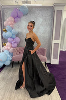 Load image into Gallery viewer, Sparkly Black Beaded A Line Sweetheart Long Prom Dress with Slit