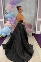 Load image into Gallery viewer, Sparkly Black Beaded A Line Sweetheart Long Prom Dress with Slit