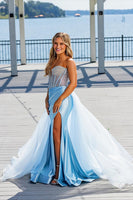 Load image into Gallery viewer, Sparkly Light Blue Beaded Mermaid Corset Long Prom Dress with Slit