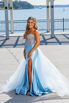 Sparkly Light Blue Beaded Mermaid Corset Long Prom Dress with Slit