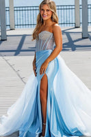 Load image into Gallery viewer, Sparkly Light Blue Beaded Mermaid Corset Long Prom Dress with Slit