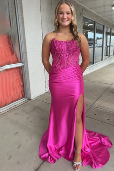 Sparkly Fuchsia Mermaid Beaded Long Prom Dress with Slit