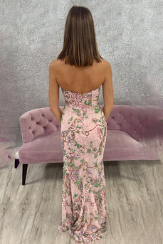 Floral Pink Sweetheart Mermaid Corset Long Prom Dress with Slit