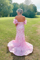 Load image into Gallery viewer, Pink Floral Mermaid Puff Sleeves Long Prom Dress with Slit