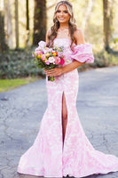 Load image into Gallery viewer, Pink Floral Mermaid Puff Sleeves Long Prom Dress with Slit