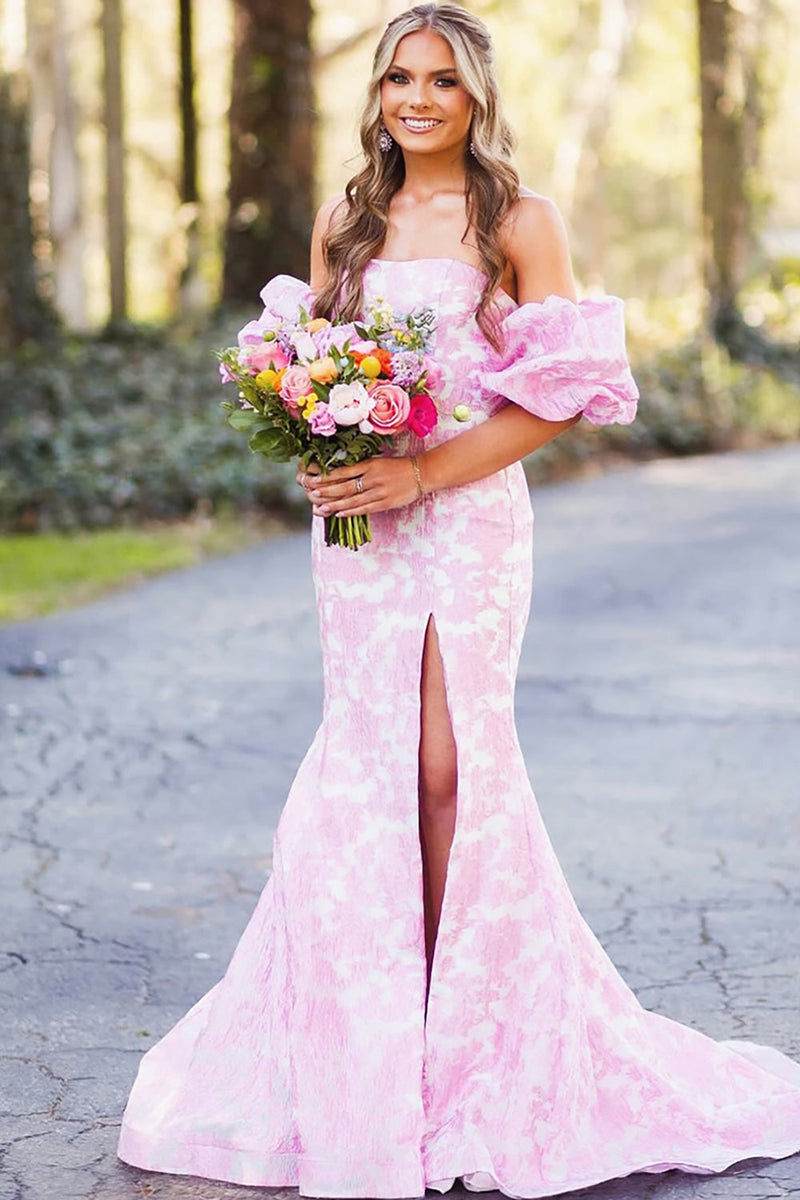 Load image into Gallery viewer, Pink Floral Mermaid Puff Sleeves Long Prom Dress with Slit