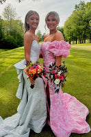 Load image into Gallery viewer, Pink Floral Mermaid Puff Sleeves Long Prom Dress with Slit