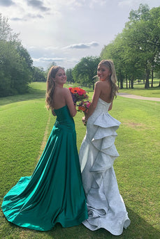 White Ruffled Sweetheart Mermaid Long Corset Prom Dress with Slit