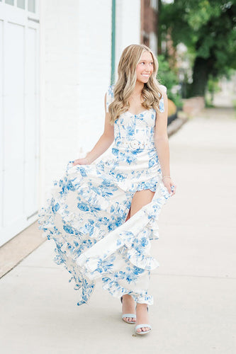 White Blue Flower Ruffled Mermaid Corset Long Prom Dress with Slit