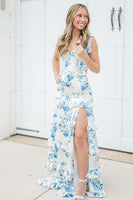Load image into Gallery viewer, White Blue Flower Ruffled Mermaid Corset Long Prom Dress with Slit