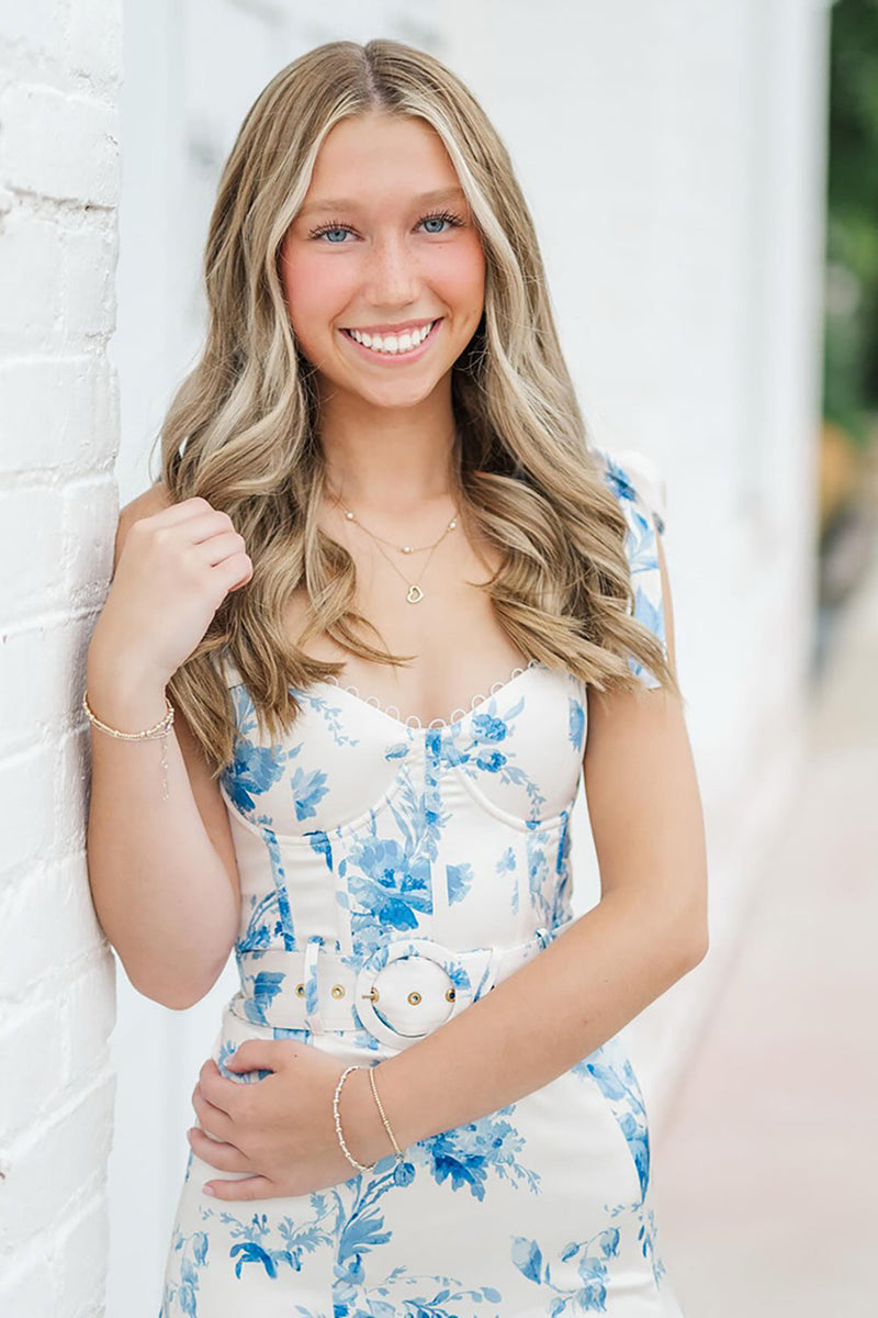 Load image into Gallery viewer, White Blue Flower Ruffled Mermaid Corset Long Prom Dress with Slit