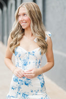 Load image into Gallery viewer, White Blue Flower Ruffled Mermaid Corset Long Prom Dress with Slit