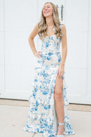Load image into Gallery viewer, White Blue Flower Ruffled Mermaid Corset Long Prom Dress with Slit