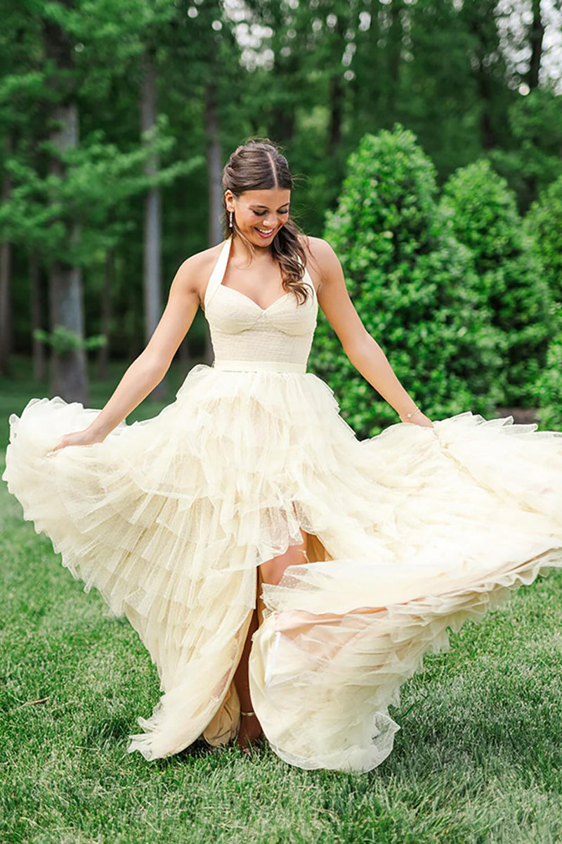 Load image into Gallery viewer, Yellow Ruffled Halter A Line Long Prom Dress with Slit