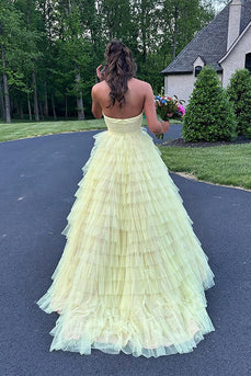 Yellow Ruffled Halter A Line Long Prom Dress with Slit