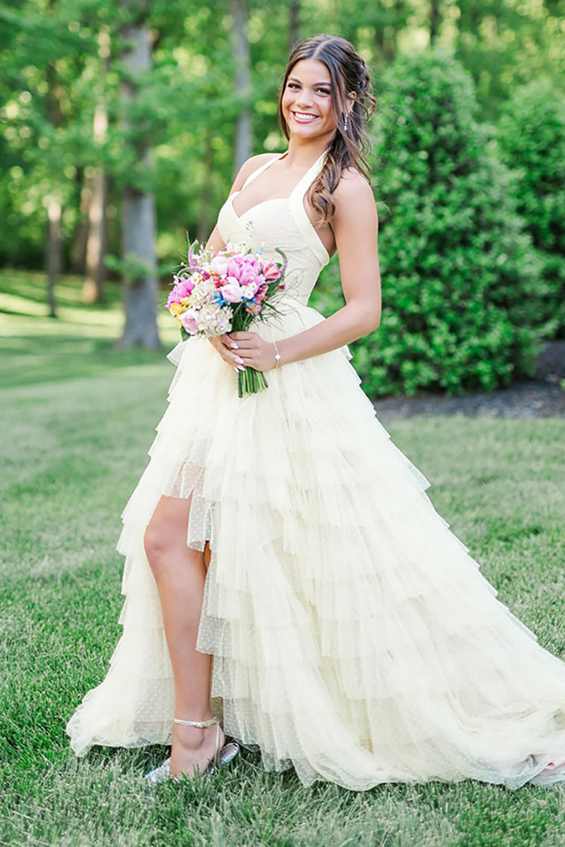 Load image into Gallery viewer, Yellow Ruffled Halter A Line Long Prom Dress with Slit