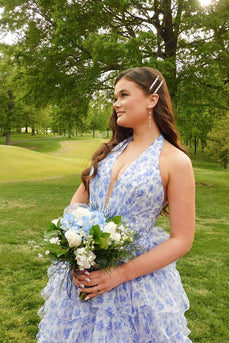 Blue Floral Ball Gown Halter Ruffled Long Prom Dress with Slit