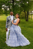Load image into Gallery viewer, Blue Floral Ball Gown Halter Ruffled Long Prom Dress with Slit
