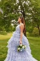 Load image into Gallery viewer, Blue Floral Ball Gown Halter Ruffled Long Prom Dress with Slit